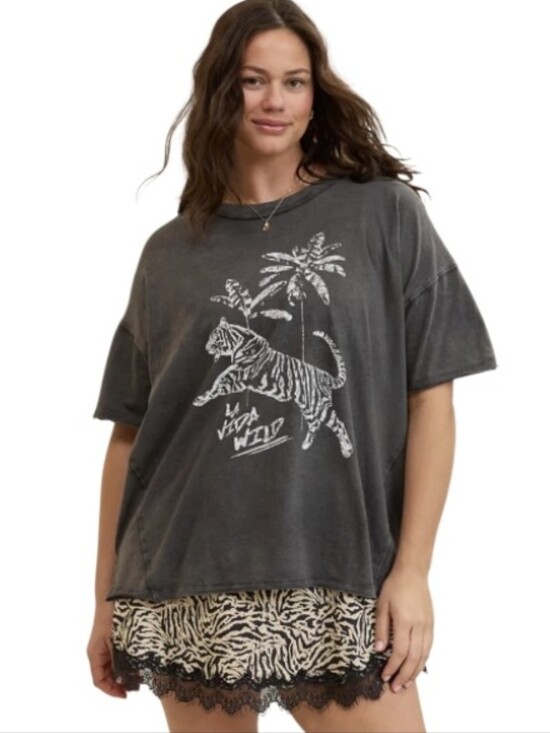 aerie Tops - aerie NWT Charcoal Gray Graphic Short Sleeve Tee Boyfriend Boxy T White Tiger